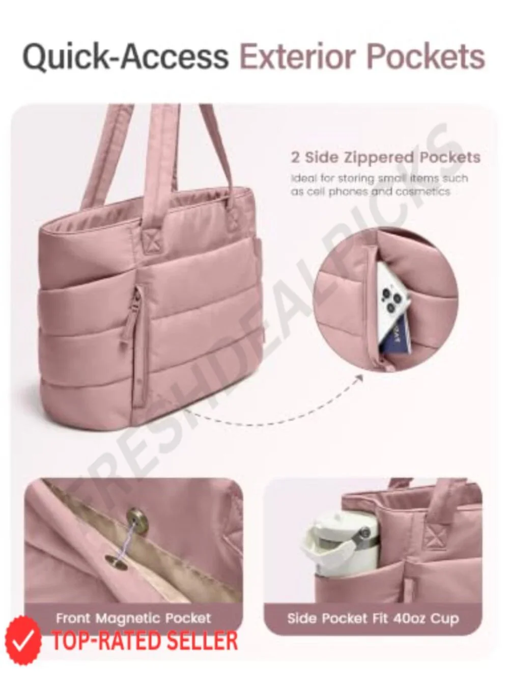 Quilted Puffer Tote Bag with Zipper, Lightweight Work Bag for Women with Laptop